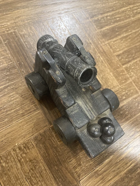 Vintage Display Metal Cannon Wi/ carriage Carved Out Of Wood