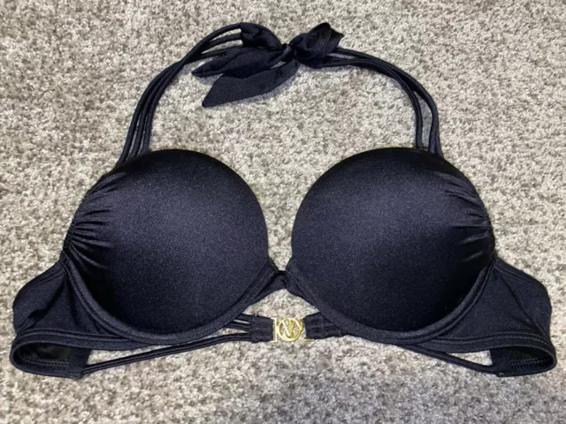 VICTORIA SECRET BOMBSHELL luxe shiny Black Strappy Bikini Top 34A