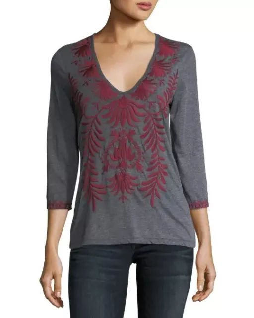 Johnny Was Saskla Top Gray Red 3/4-Sleeve Embroidered Boho Shirt Small S $375 2