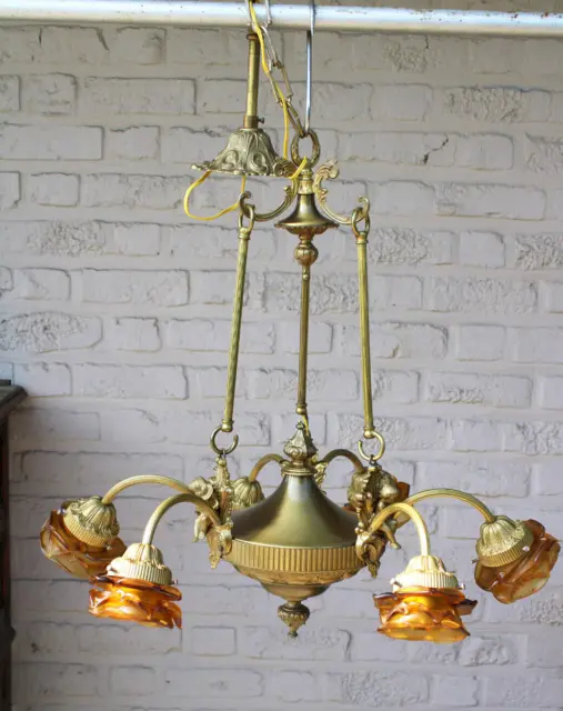 French brass Putti cherub angel 6 arms chandelier amber colour glass Rare