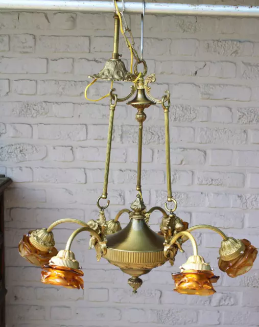French brass Putti cherub angel 6 arms chandelier amber colour glass Rare French brass Putti cherub angel 6 arms chandelier amber colour glass Rare