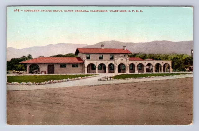 Vintage Southern Pacific Depot Santa Barbara California Rr Railway Postcard Fc