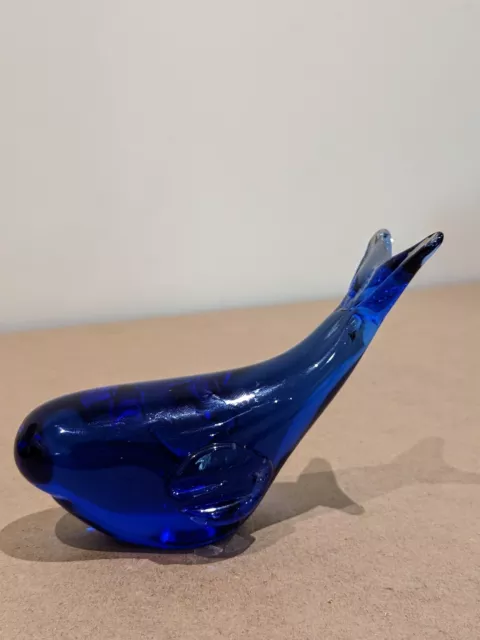 Art Glass Whale Figurine Paperweight Polished Bottom Cobalt Blue 2