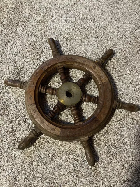 18"Inch Antique Vintage Brass Wooden Ship Steering Wheel Nautical Wall Decor New