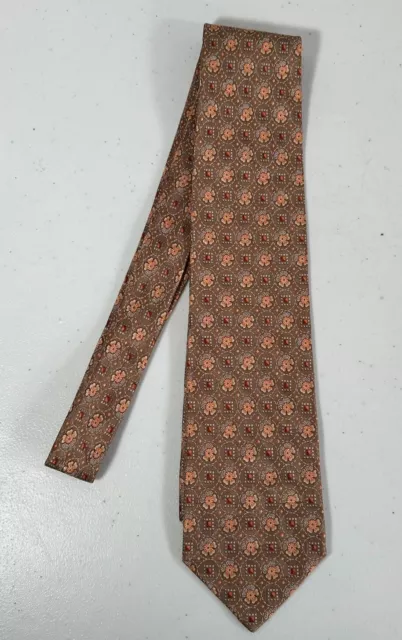 ERMENEGILDO ZEGNA Brown Red Tan Neat Floral Geometric Silk Print Tie Nice!