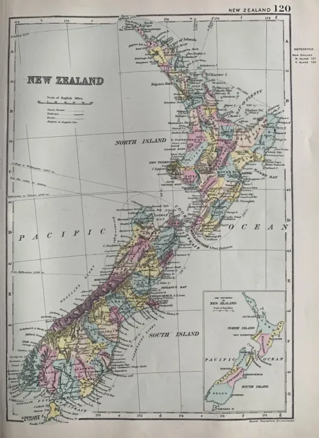 1891 New Zealand Hand Coloured Original Antique Map by G.W. Bacon