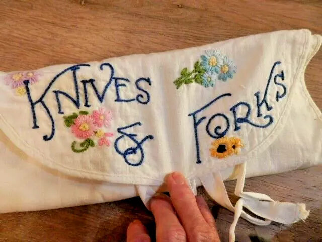 Vintage Floral Embroidered Linen to Hold Knives & Forks-MUST SEE!  Collectible!