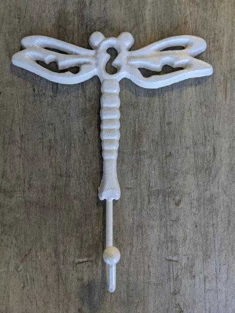 Cast Iron Dragonfly Wall Coat Hook Towel Hat White Enamel Shabby Rustic Bug