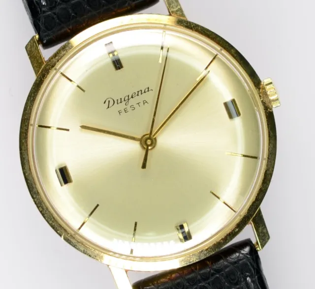 Dugena Uhr Festa Handaufzug 14K Gold Vintage 33mm Unisex Lederband schwarz