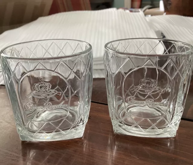 Vtg Crown Royal Whiskey Glasses Diamond Cathedral Lattice Set Of 2 Logo On Rocks