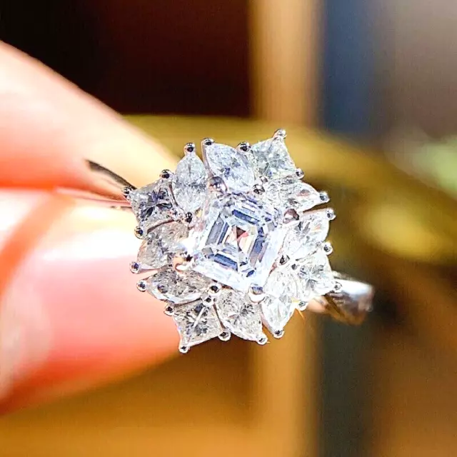 3 Carat Asscher Cut Diamond Art Deco Cluster Wedding Ring 14k White Gold Finish