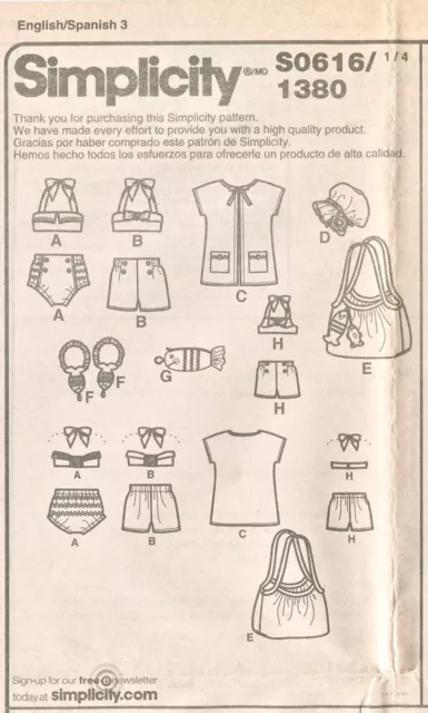 Simplicity S0616 FF Sewing Pattern Swimsuit Playsuit Coverup Hat Purse Child 3-8 3