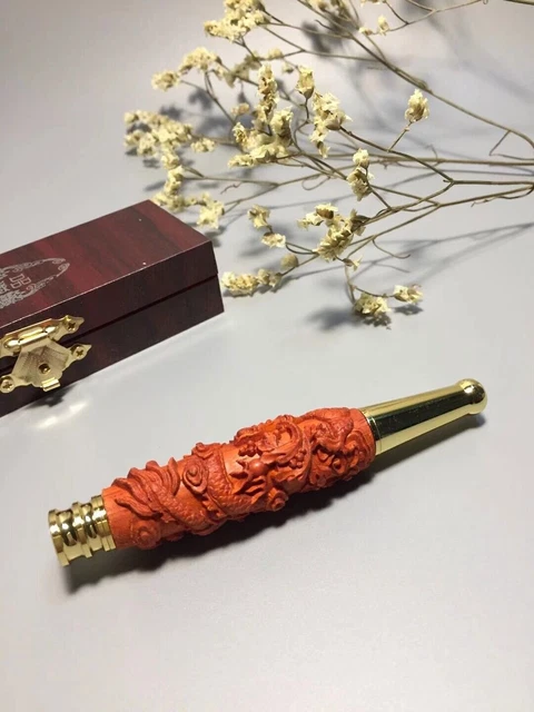 Copper spliced Red Sandalwood wood Tobacco stem smoking pipe Hand Carving Dragon