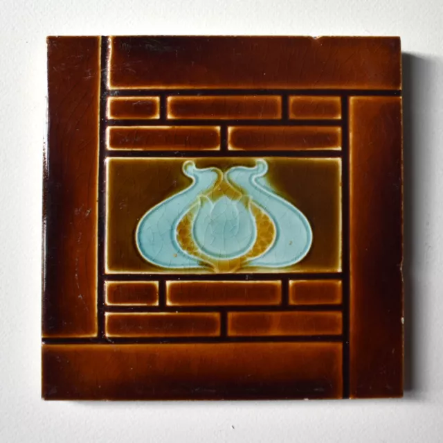 Art Nouveau Blue Tulip on Geometric Background Embossed Majolica Tile c.1905