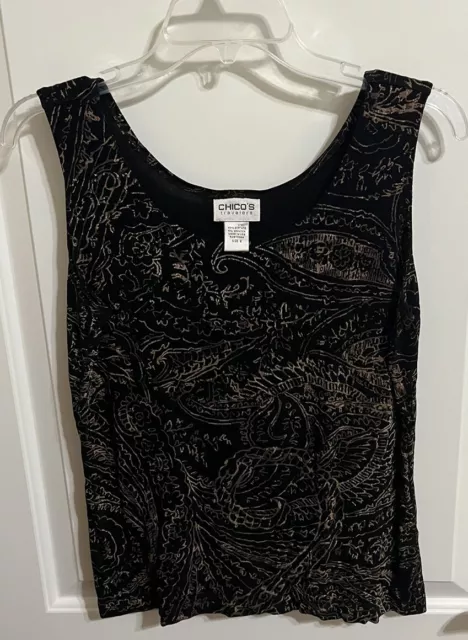 Chicos Travelers Black & Gold Sleeveless Shirt, Top, Blouse Size 2 - Chico's