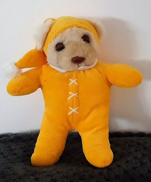 A8- Mini peluche doudou ours beige pyjama bonnet jaune  Françoise Saget  13 cm
