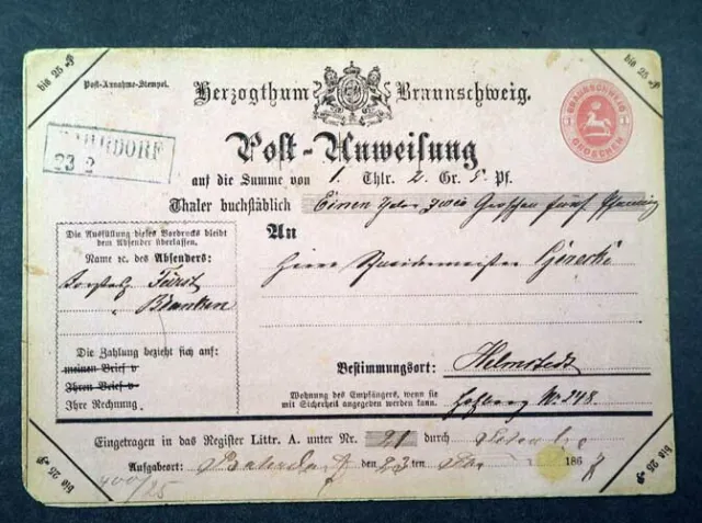 Braunschweig Ortsstpl.; "BAHRDORF 23/2" (1867), R2 Postanweisung 1 Gr, MiNr. A5I