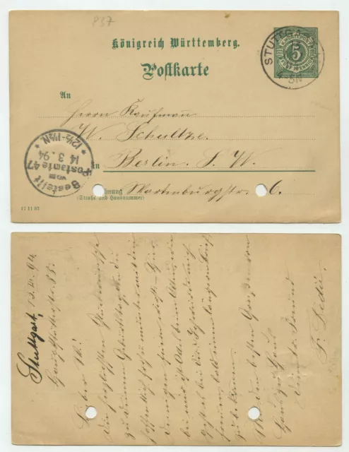 91889 - Ganzsache P 37 - Postkarte - Stuttgart 13.3.1894 nach Berlin