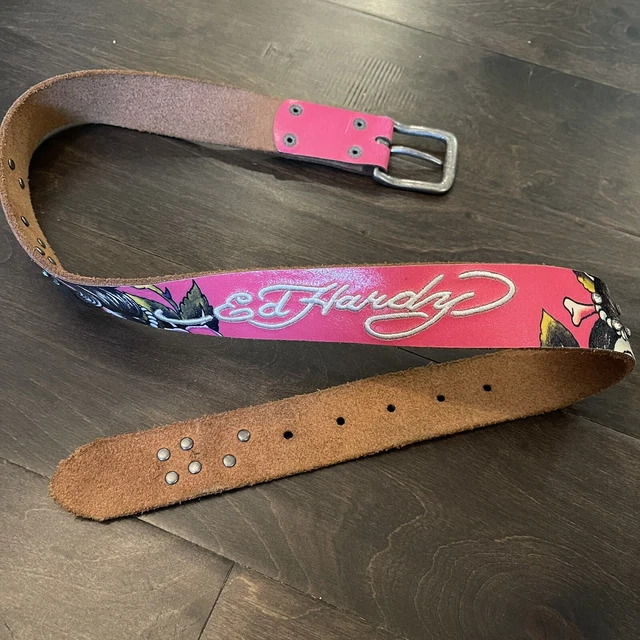 Ed Hardy Logo Pink Leather Silver Rhinestone Embroidered Skull Lady Belt Size XL