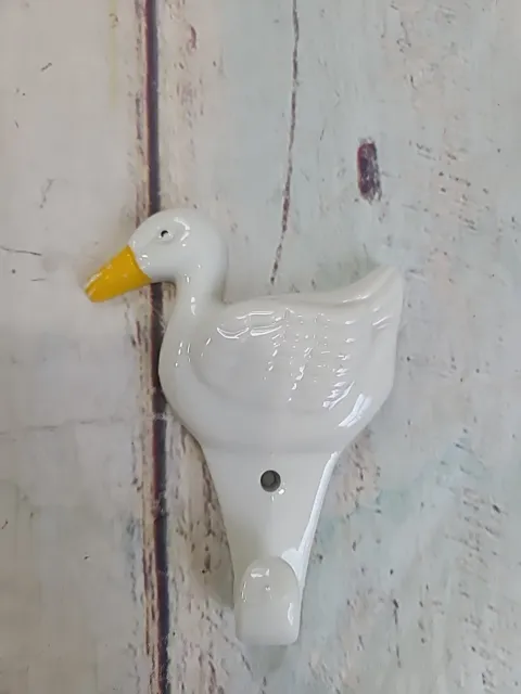 Vintage White Ceramic Duck Goose Head Hook Hanger 4" Tall