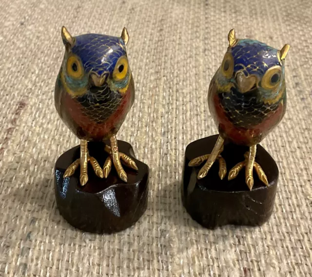 Pair Cloisonne Enameled Brass  Multicolored Owl Bird Figures With Stands