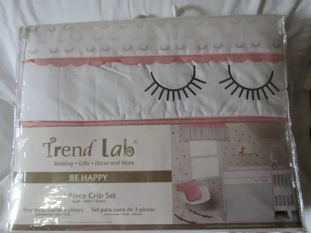Trend Lab Be Happy 3 pc Crib Set nursery bedding baby girl pink gray eyelashes