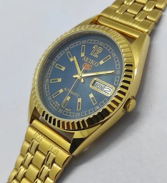 Reloj de pulsera Seiko 5 Vintage automático con esfera azul chapado en oro...
