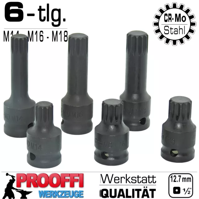 6-tlg Kraft 12-Kant Vielzahn Schlagschrauber Stecknuss Set M14 M16 M18 Kurz Lang