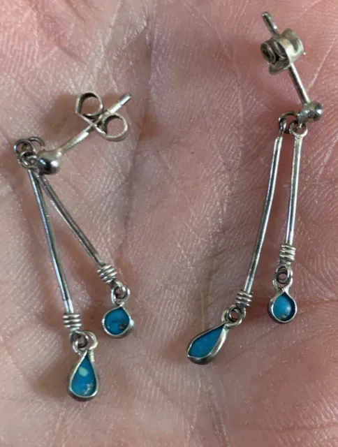 Southwestern sterling 925 silver handmade earrings with teardrop turquoise