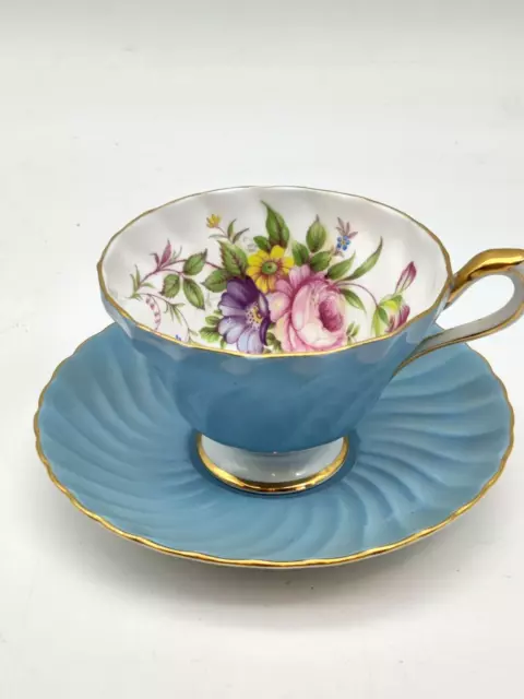 VINTAGE AYNSLEY CUP AND SAUCER- CABBAGE ROSE-ENGLAND Teal Blue