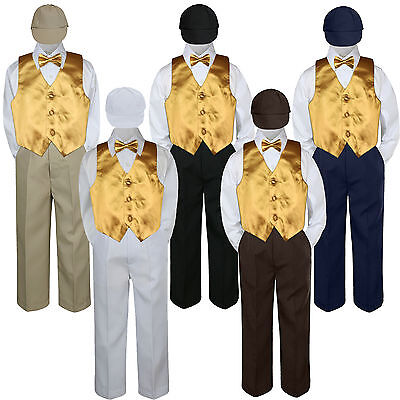 Boys Baby Toddler Kids Gold Vest Bow Tie Formal Set Suit Hat S-7