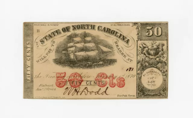 1864 Cr.149 50c The State of NORTH CAROLINA Note - CIVIL WAR Era XF/AU