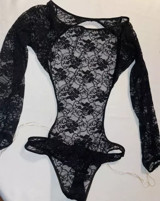 FREDERICK’S OF HOLLYWOOD Black Sexy Floral Lace Bodysuit Teddy VTG ...