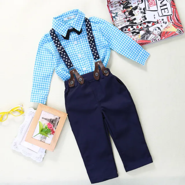 Baby Boy Plaid Shirt Romper Suit Wedding Formal Party Smart Outfit Trousers 2