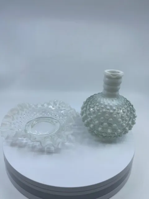 Vtg Fenton Opalescent Hobnail Moonstone Ruffled Milk Glass Vase Bowl