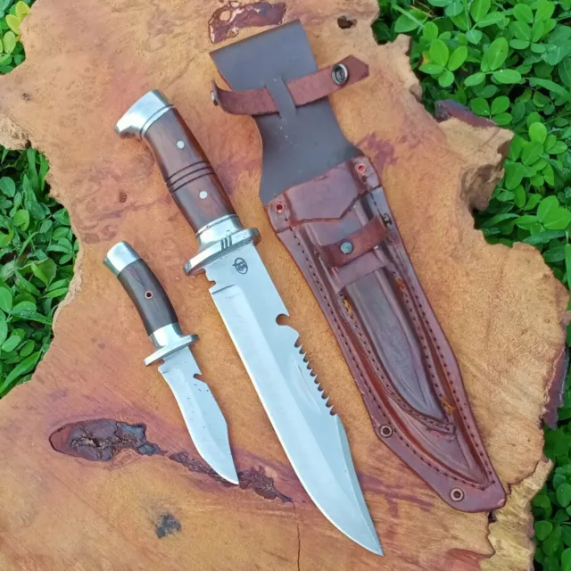 CUSTOM HANDMADE FORGED STEEL FULL TANG BOWIE KNIFE LEATHER SHEATH pair rambo