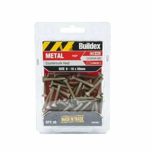 Buildex 8-18 x 30mm Climacoat Countersunk Head Metal Tek Screws - 50 Pack