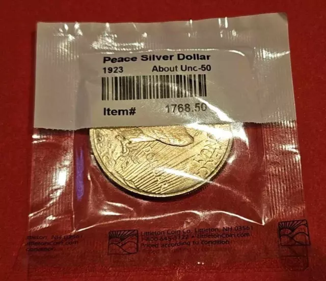 1923 P Peace 90% Silver Dollar AU Littleton Item# 1768.50 Sealed Cellophane