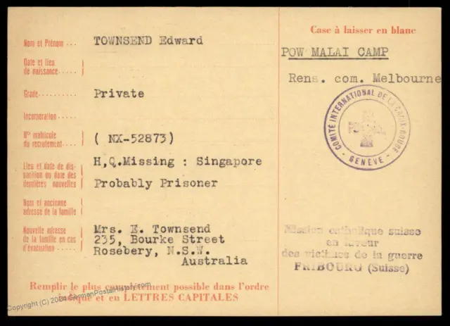 UK Austrlaia 1944 Singapore Malaya Japanese POW Camp Red Cross Cover Catho 89608