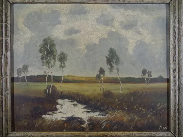 Weites Feld mit Birken - A.W. - Öl-Gemälde gerahmt - Ansicht Landschaft 20. Jh.