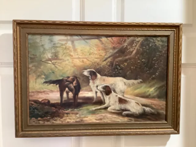 Antique Oil Painting 1923 fall landscape with pointer dogs