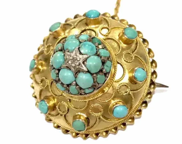 Antique 15ct Gold Pave Turquoise Diamond Mourning Locket Brooch 8+g