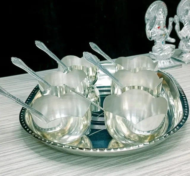 german silver set of 6 bowls and spoon with tray ice cream/dessert set/ gift