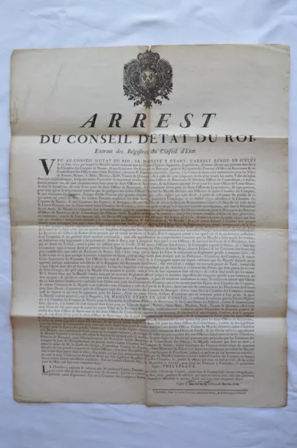 Bretagne - Placard Arrest du conseil d'état du roi - Epices - Nantes Vatar 1752