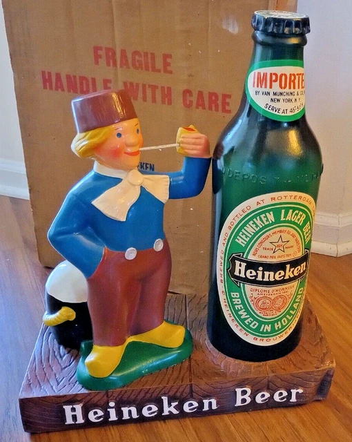 Vintage Heineken Beer Bottle & Holland Dutch Boy Figure 17 1/2" Tall W/Orig Box