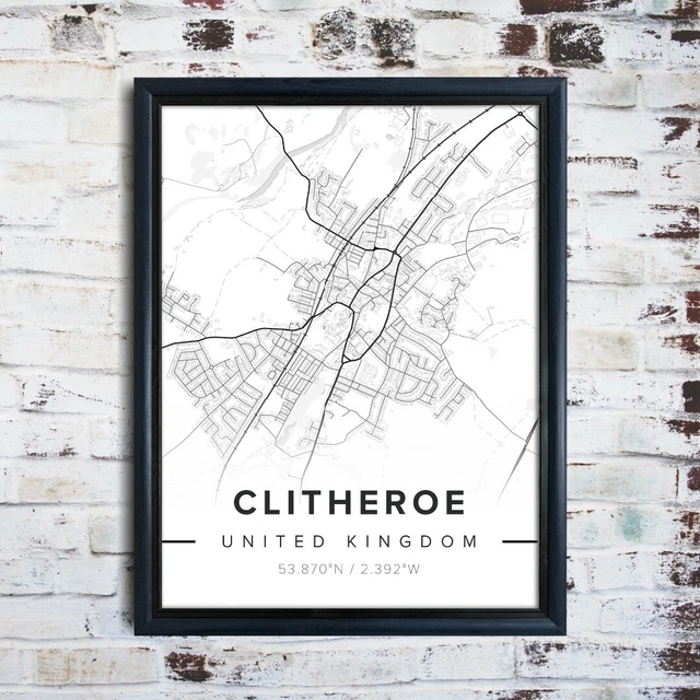 MAP OF CLITHEROE Poster Black and White Map Novelty Gift Framed Art ...
