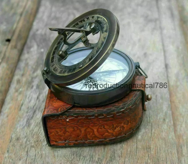 Nautical Astrolabe Solid Brass Antique Working Compass With Leather Case Gift