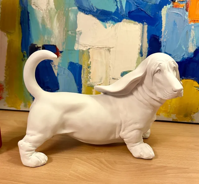 Basset Hound Statue Figurine Flowing Ears White Resin Standing Silly Fun!