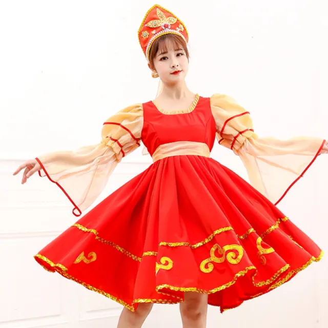 Girls Puff Sleeve Dance Dress Swing Russia Traditional Costume with Headwear