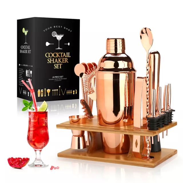 Bartender Kit Cocktail Shaker Making Set 16pcs with Eco Bamboo Stand Rose Gold